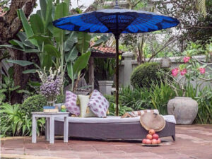 blue and black patterned umbrella