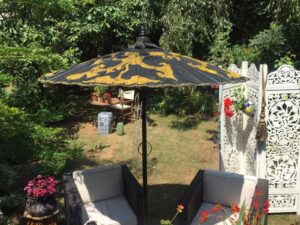 golden and black garden umbrella