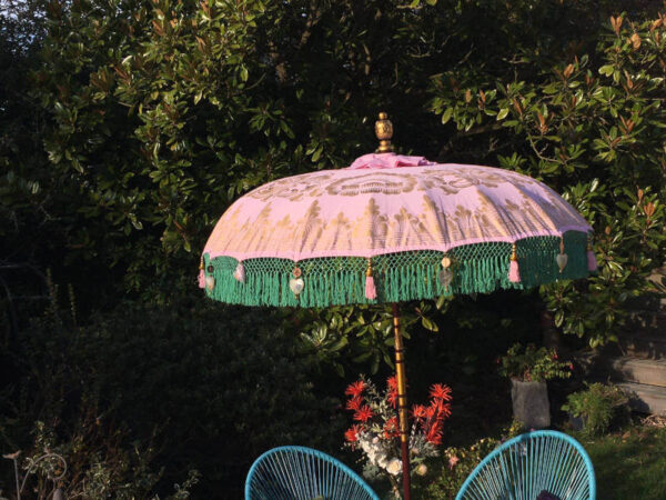 paradise island collection pink with fringe patio parasol